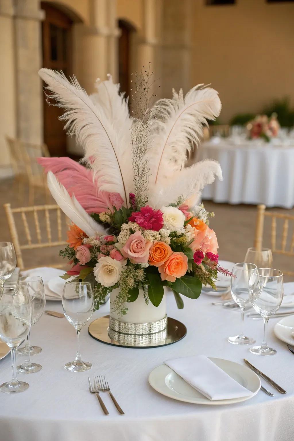 Whimsical feathers add texture and fun to the centerpiece.