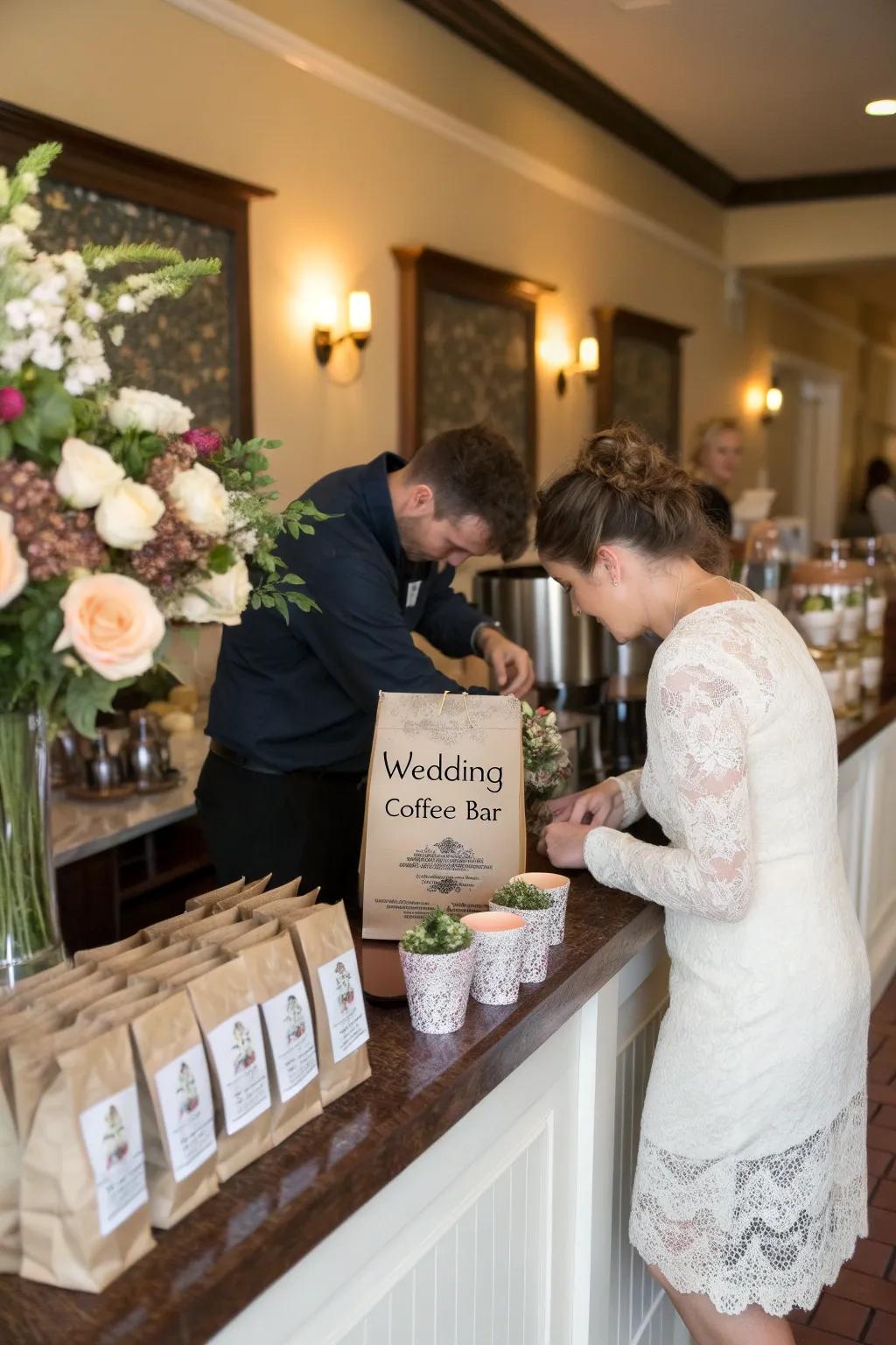 Coffee grounds as wedding tokens at a coffee corner.