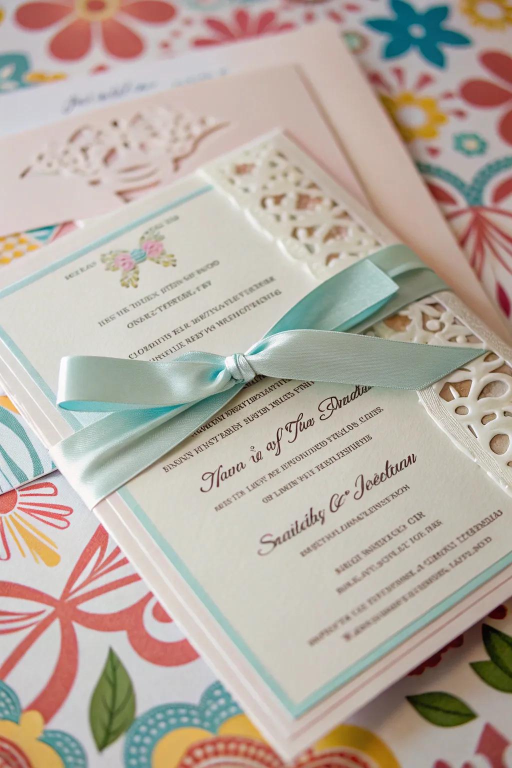 Whimsical twist and tie ribbon on a wedding invitation.