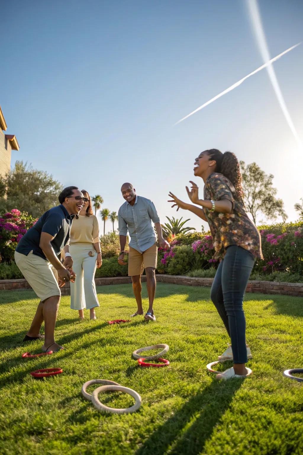 Horseshoe throw brings cordial contest and tomfoolery.