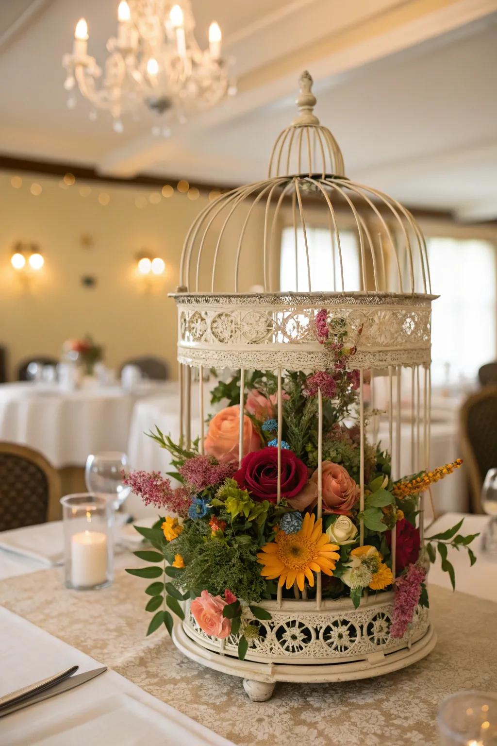 A vintage aviary brimming with blossoms appends whimsy and elevation onto your table decor.