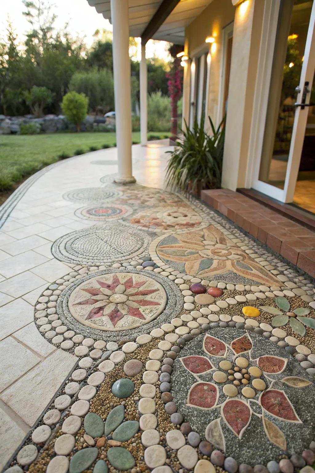A stone mosaic gives the patio a personal, artistic touch.