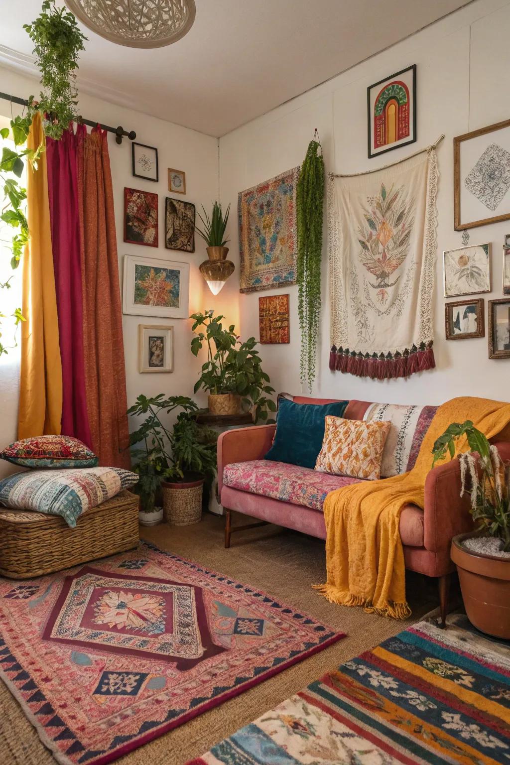 An artistic boho room emphasizing creative expression.