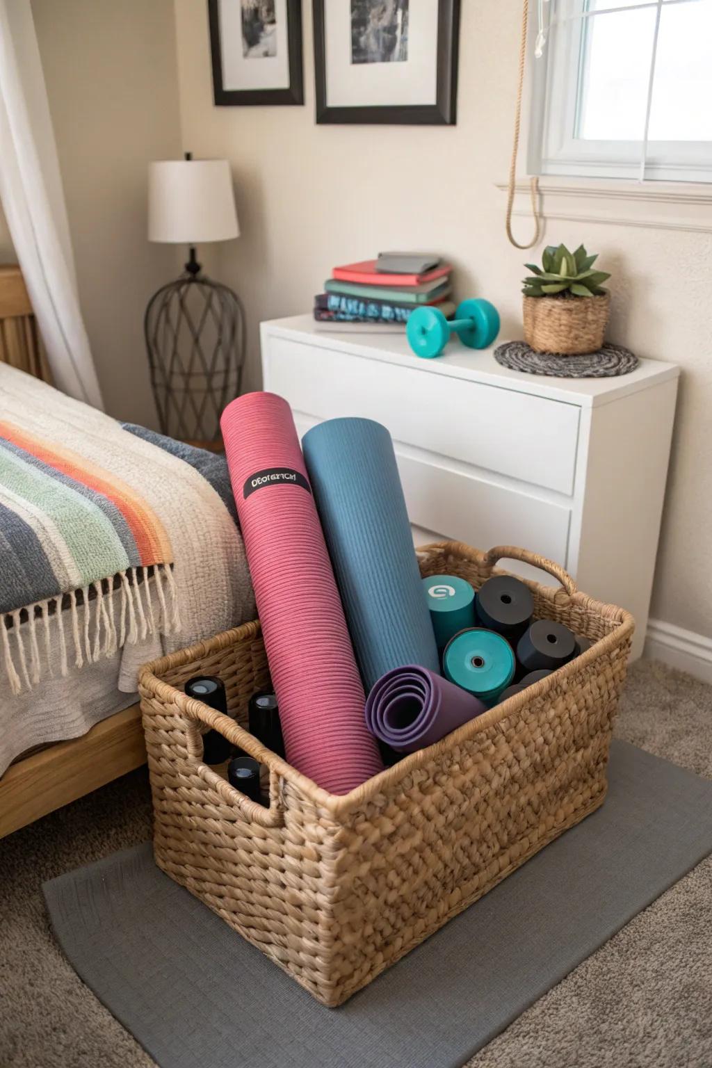 Having a designated basket for your exercise gear will keep your fitness essentials organized and accessible.