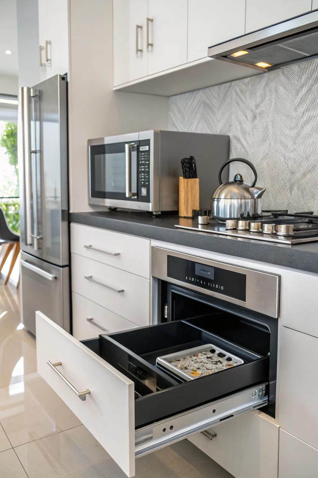 An electronic cooker cleverly hidden inside a kitchen compartment.