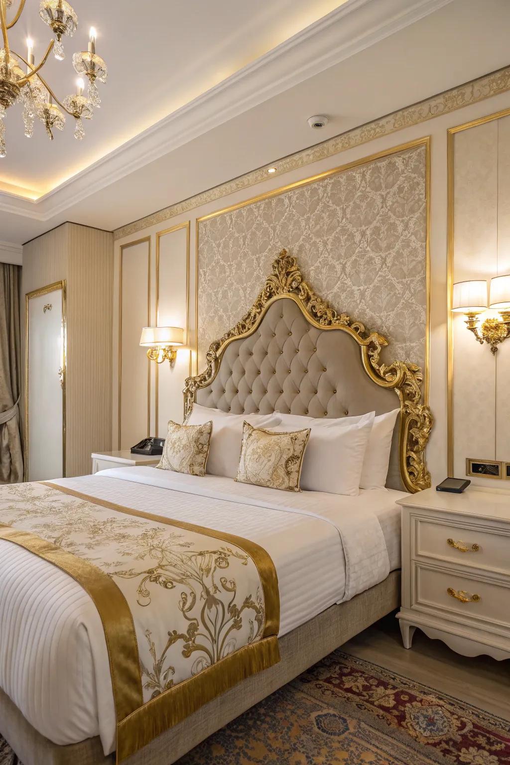 A gold-touched headboard makes the bed a centerpiece.