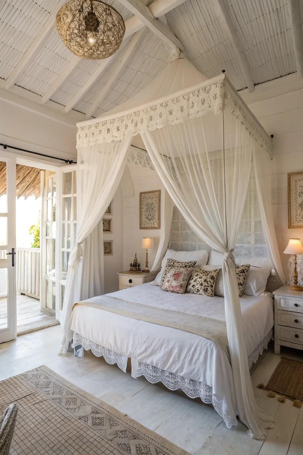 A canopy contributes romance and intimacy to a white bedroom.