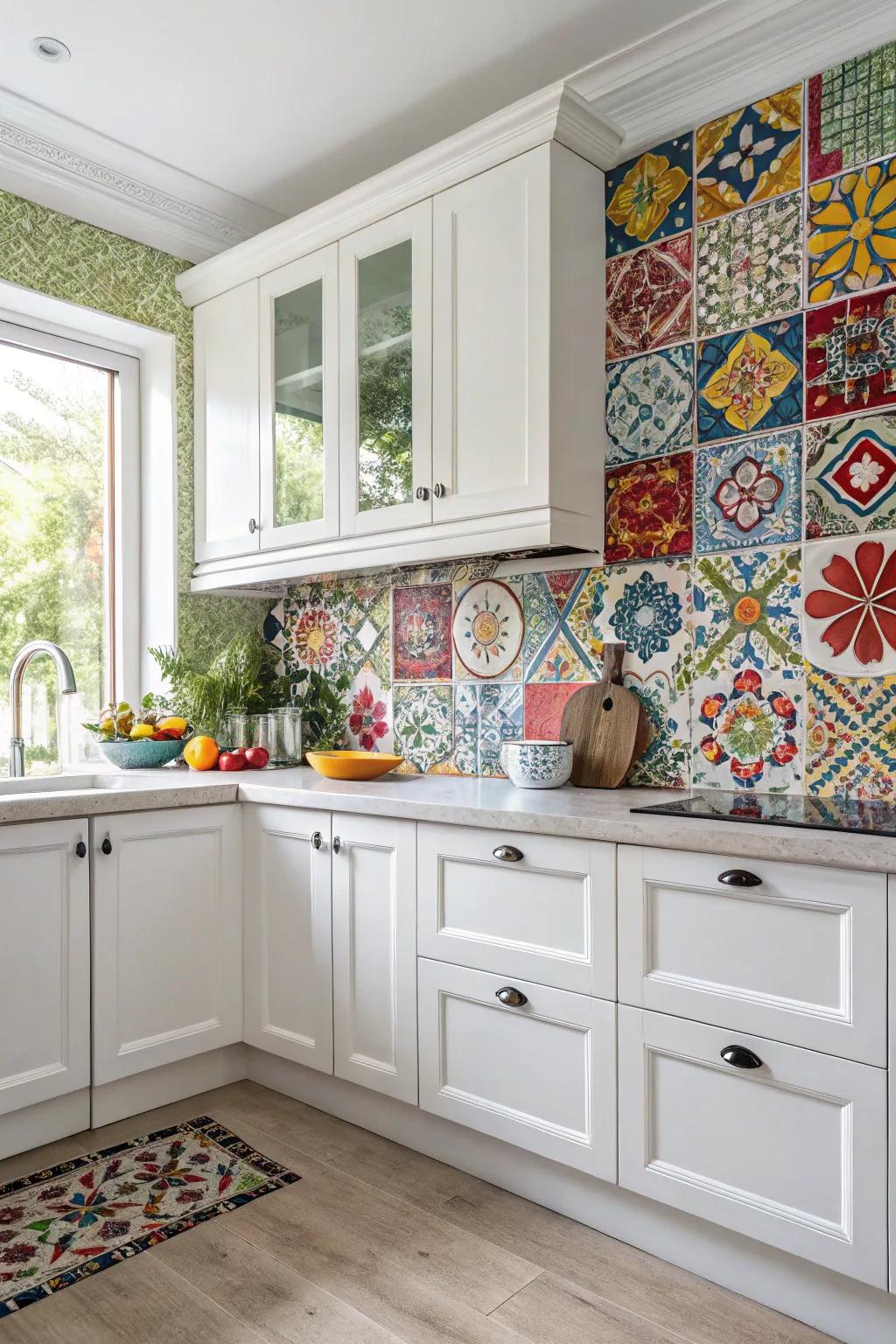 Varied mosaic patterns contributing character to white cabinetry.
