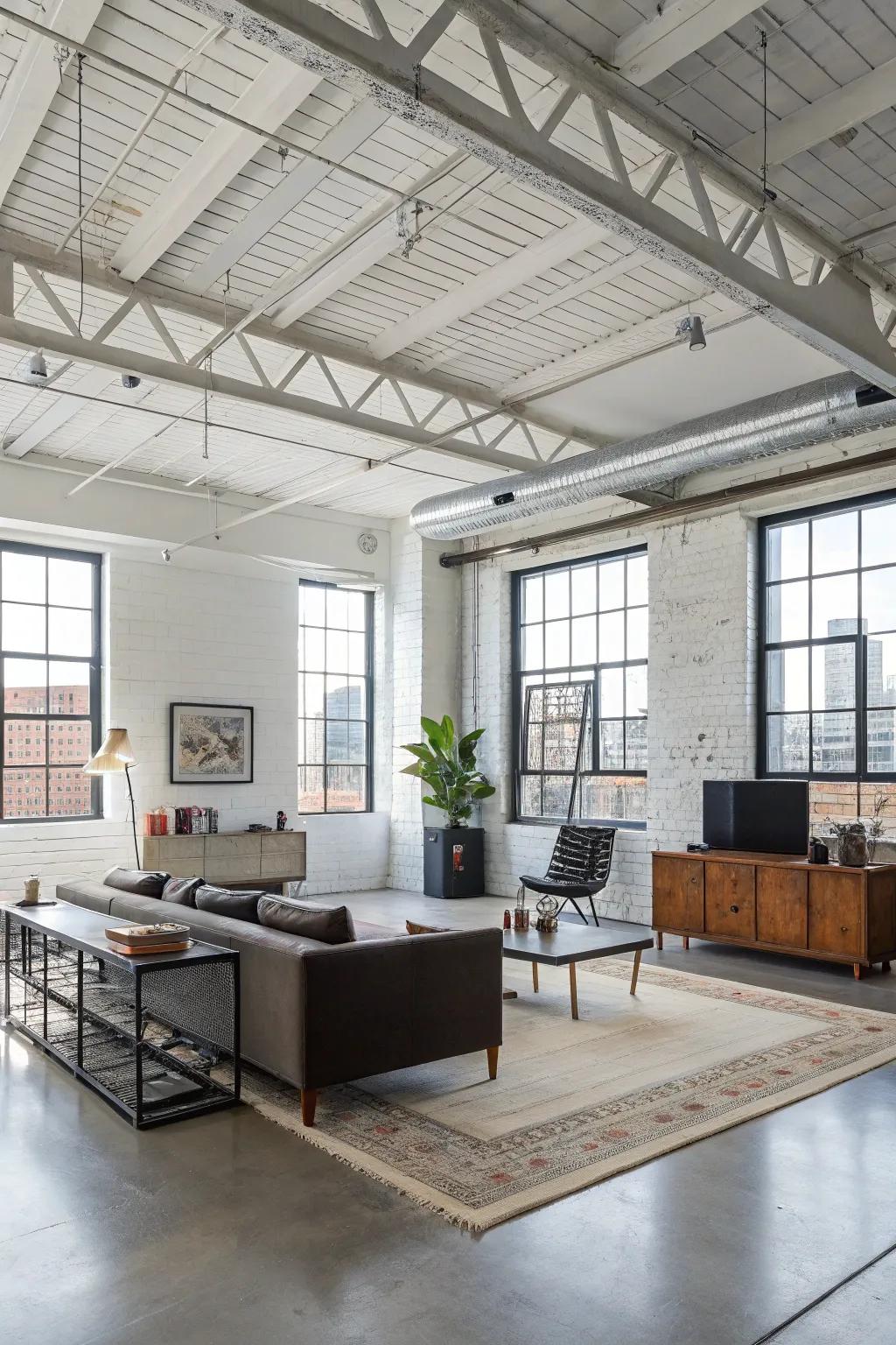 An urban loft featuring a white ceiling with metal beams for an edgy look.