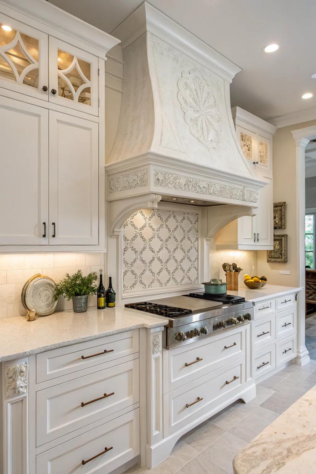 An ornamental surround serves as the elegant centerpiece in this white kitchen.