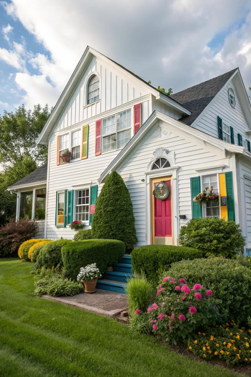 A house with white panelling featuring surprising pops of color.