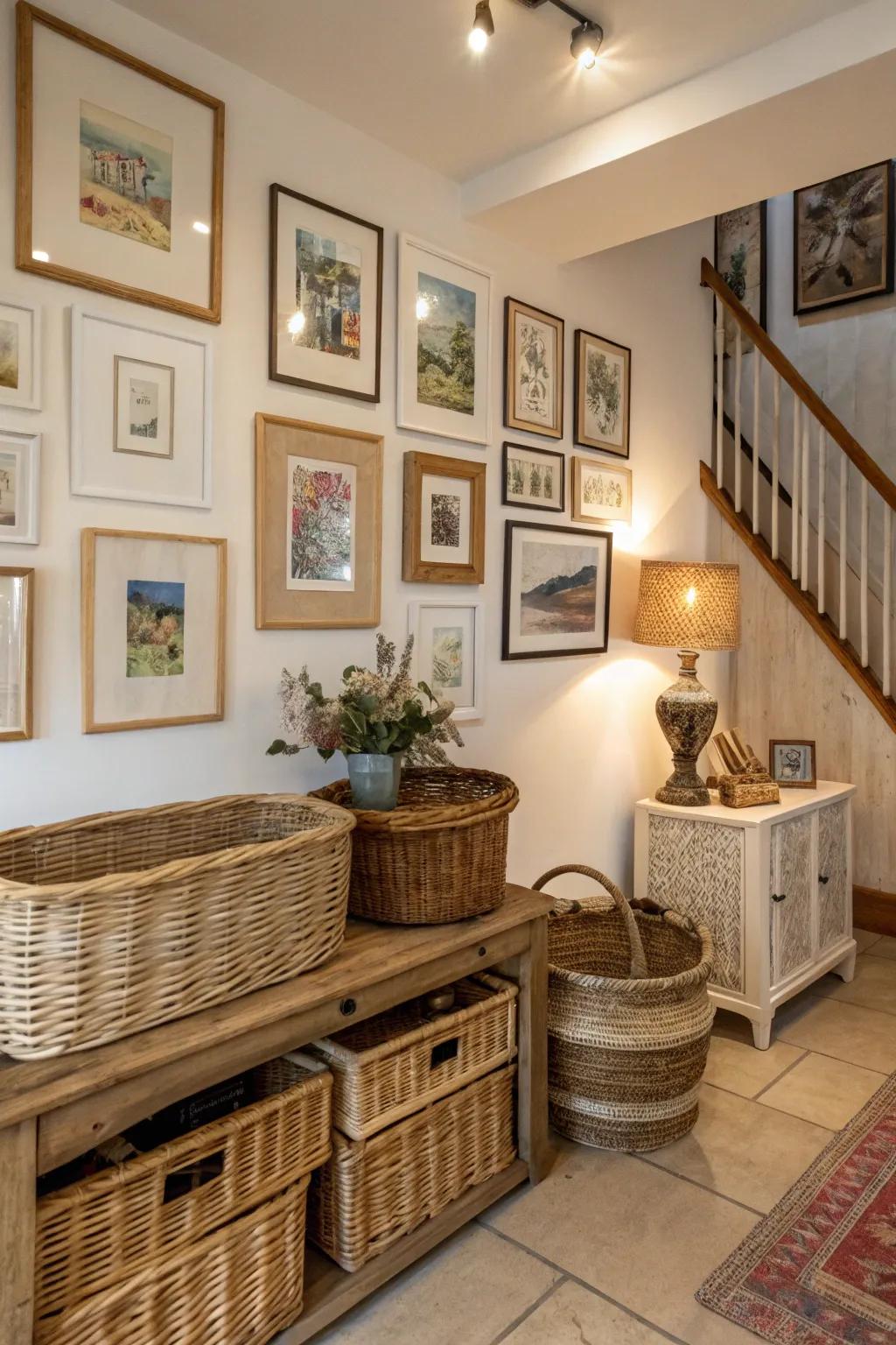 Integrate wicker into artful wall galleries.