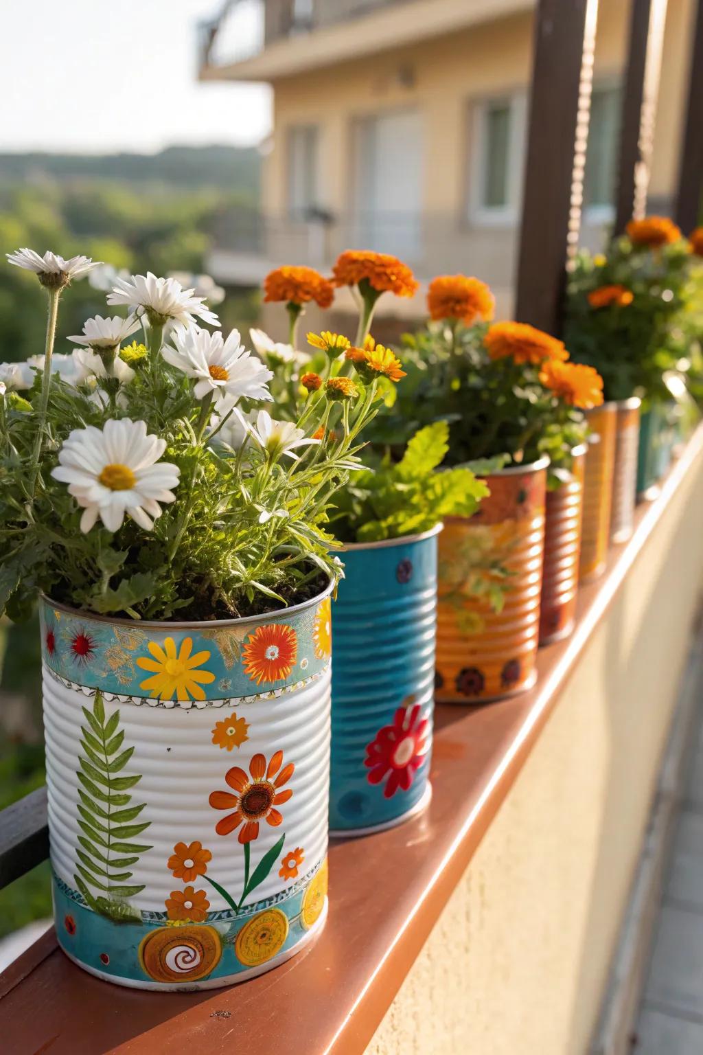 Upcycled metal containers function as budget-conscious vessels for wildflowers.