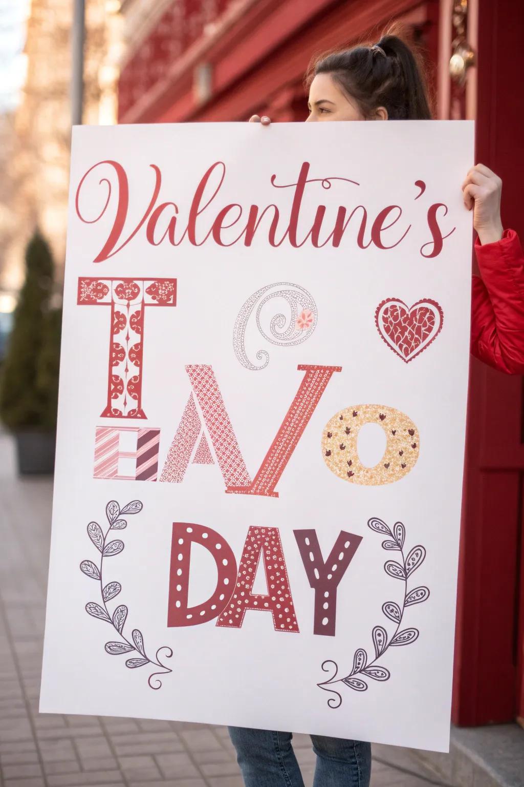 A creative Valentine's placard that emphasizes typography in a unique layout.