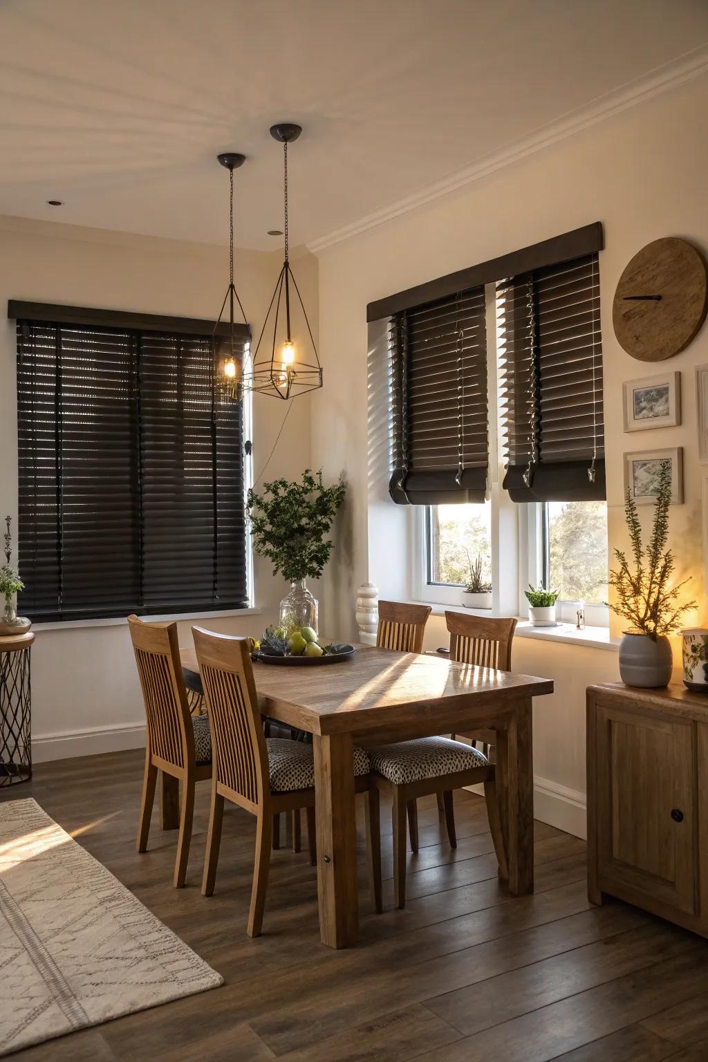 Contrasting coverings inserting drama into a dining space.