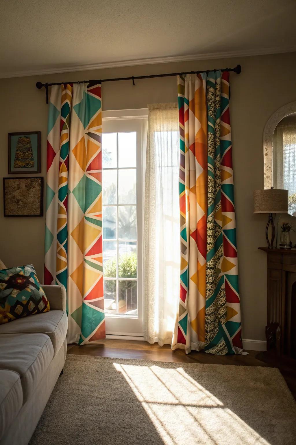 Custom-printed curtains personalize this living room with abstract art.