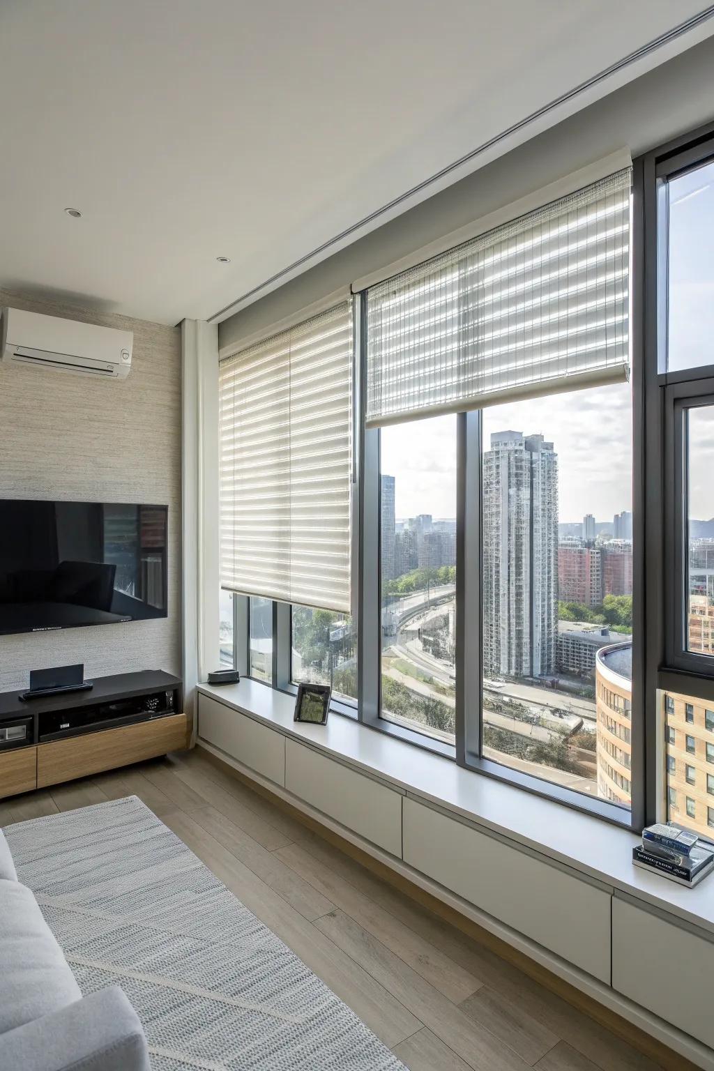 Automated blinds offer modern convenience.