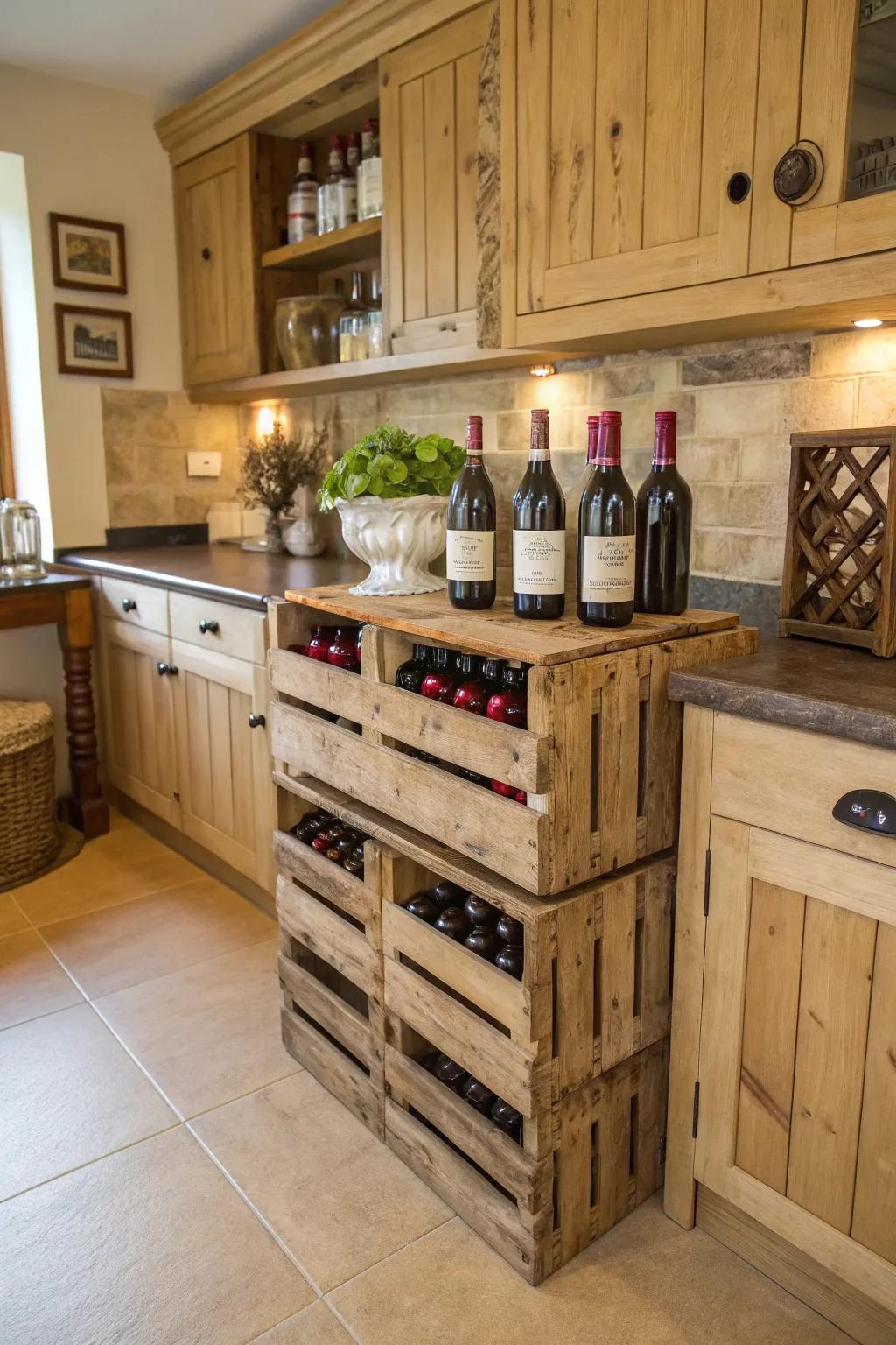 Rustic crates bring a touch of farmhouse style to wine storage.