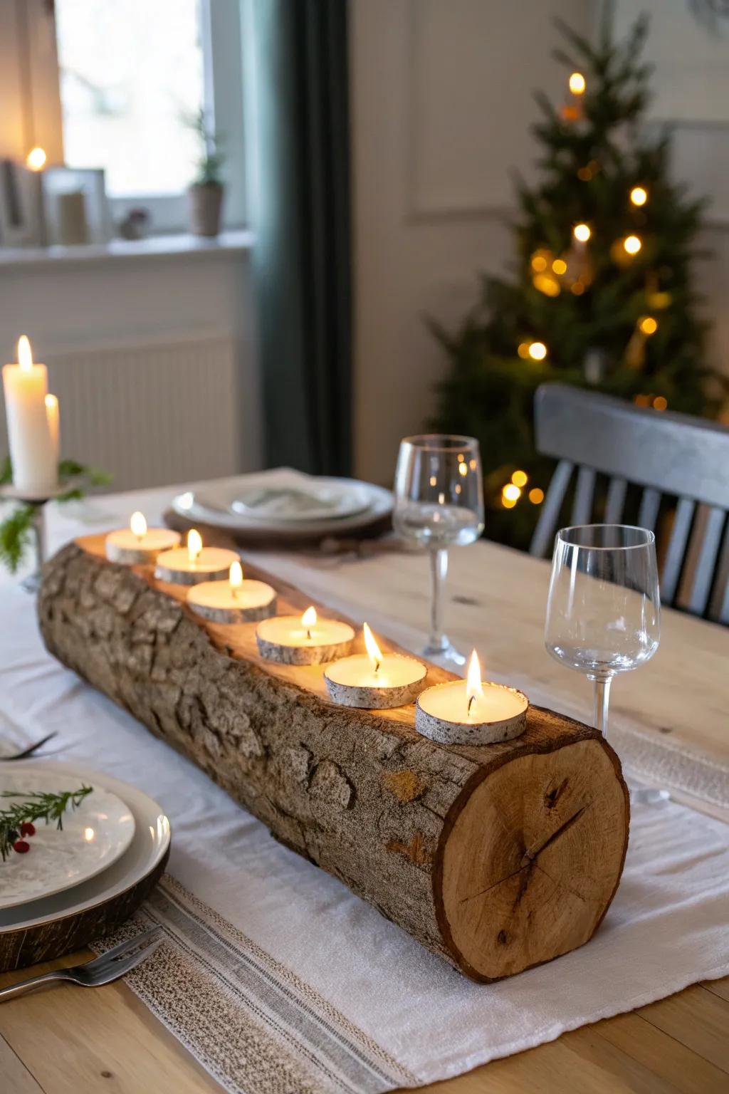 Country-style warmth using a hardwood log light keeper.