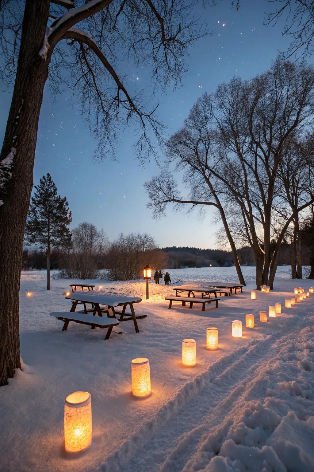 Snow lights create a magical picnic feel.
