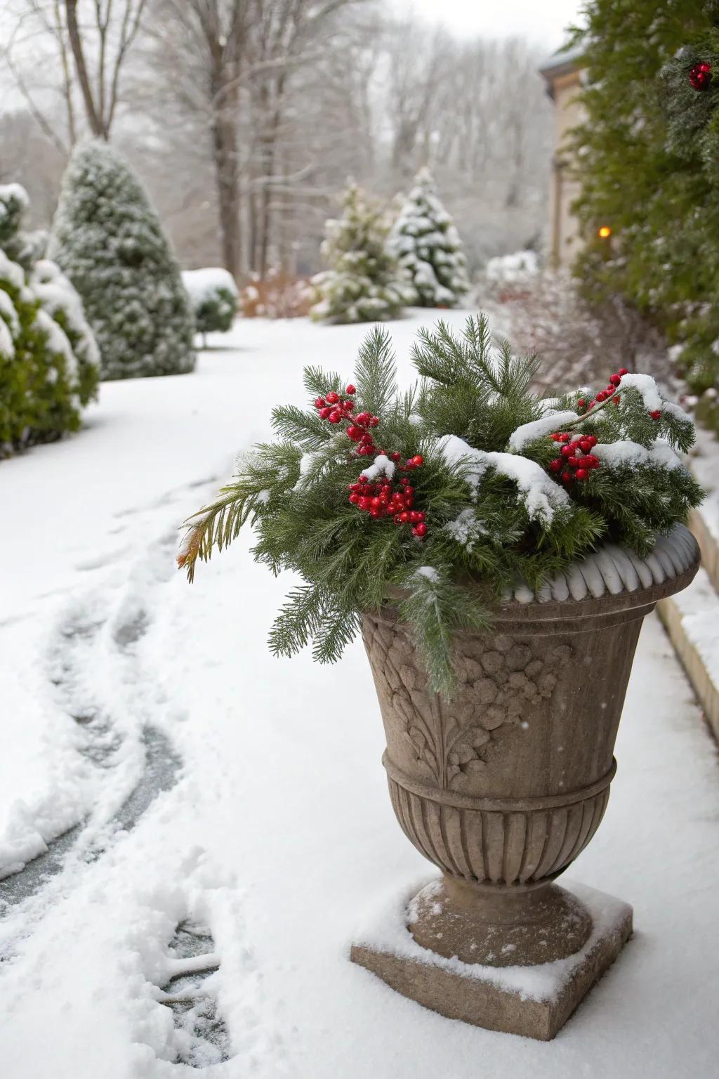 Artificial snow transforms planters into a winter wonderland.