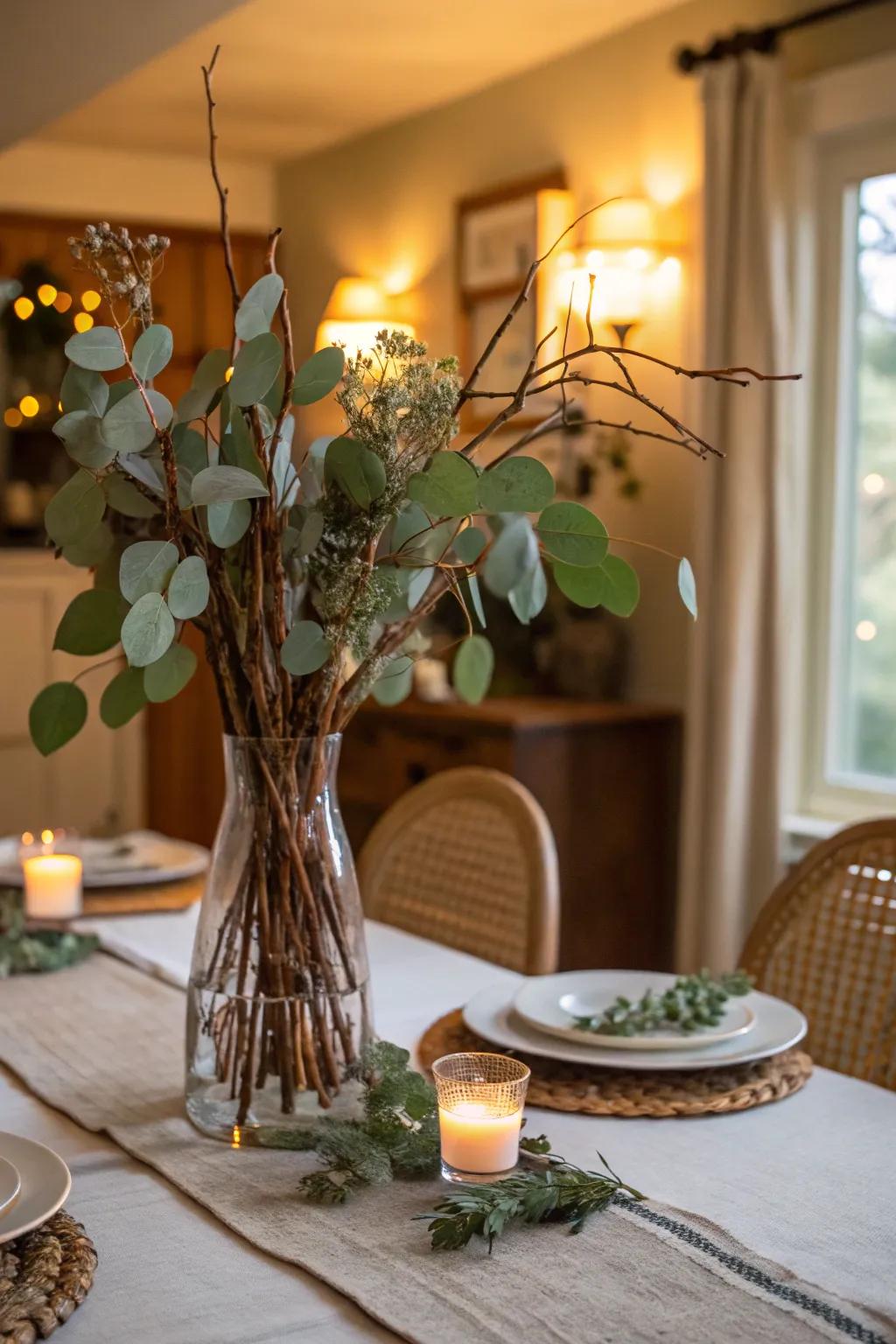 Eucalyptus and branches create a harmonious and sophisticated arrangement.