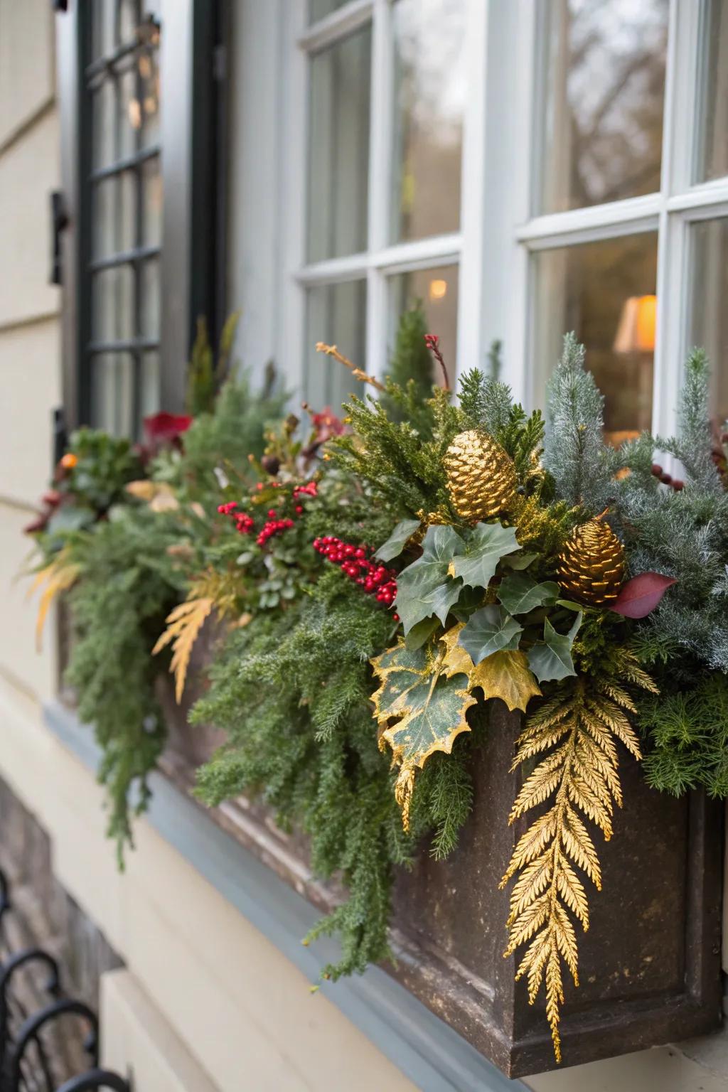 Golden elements infuse warmth and opulence into this winter window box.