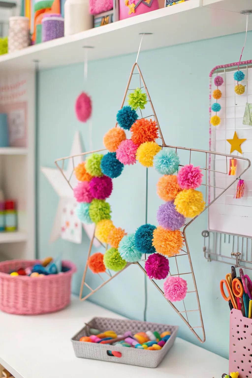 A colorful and fun pom star wreath for lively decor.