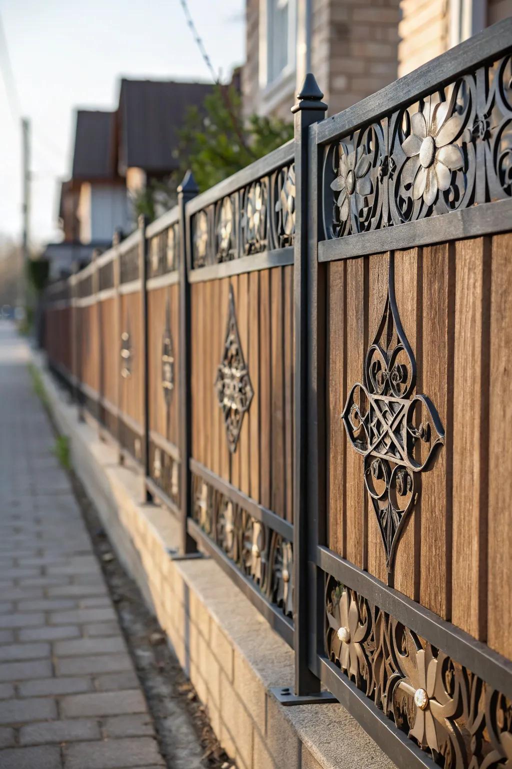 A personalized fence design featuring ornamental metal inlays and wood panels.