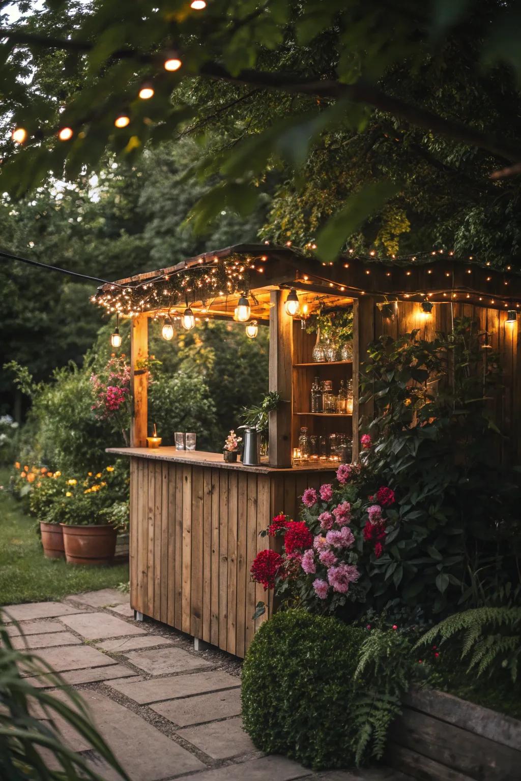 A magical garden bar adorned with fairy lights.