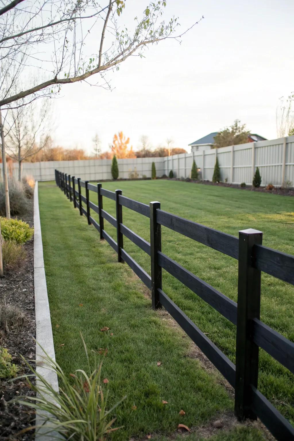 Black post and rail fences offer a sleek and modern elegance.