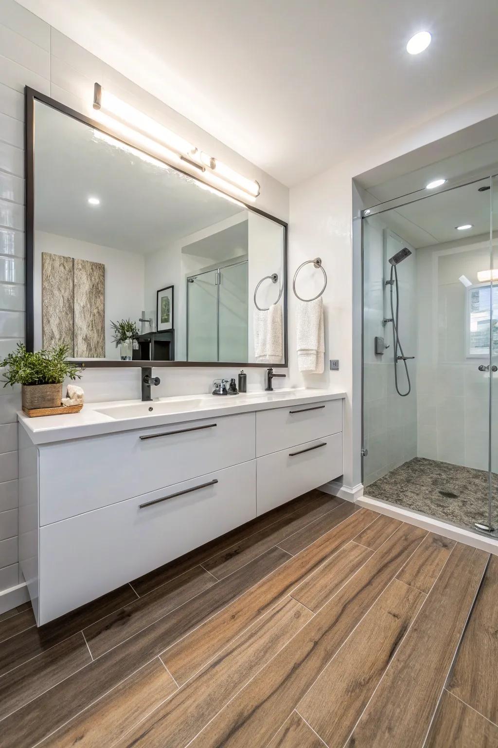 Bathroom featuring innovative wood-look tile flooring.