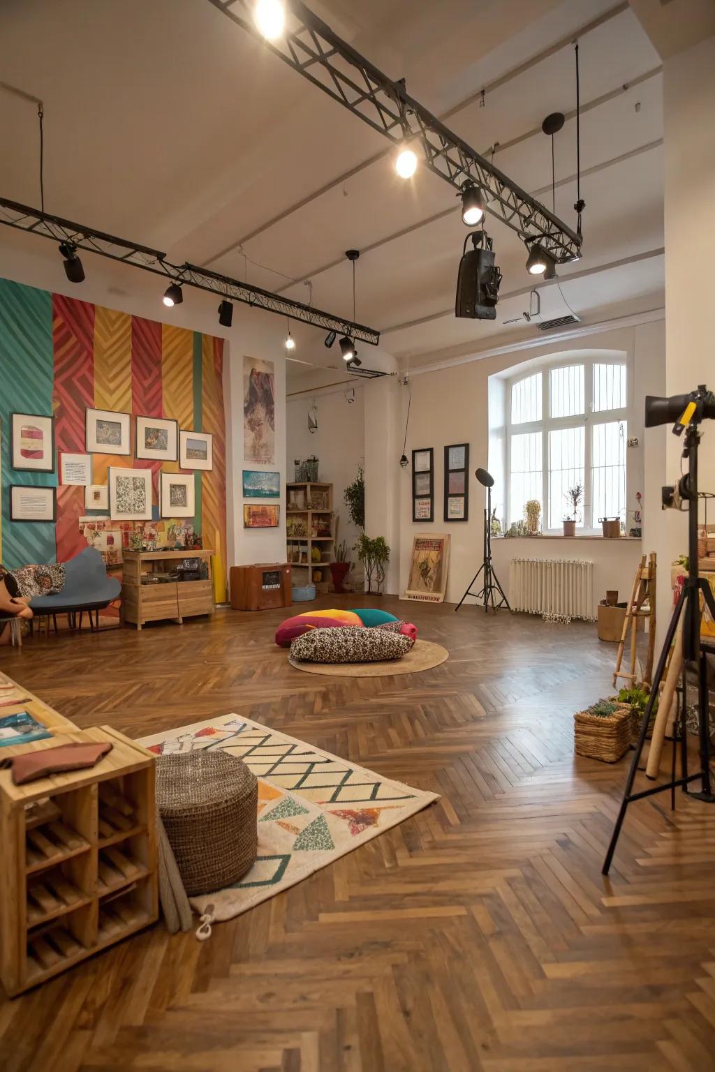 A creative studio showcasing a custom wood floor design that reflects personal style.
