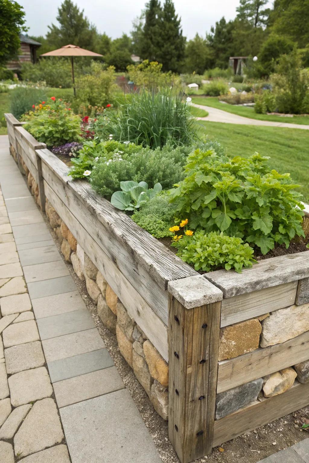 Stone and timber combine to create eye-catching garden beds.