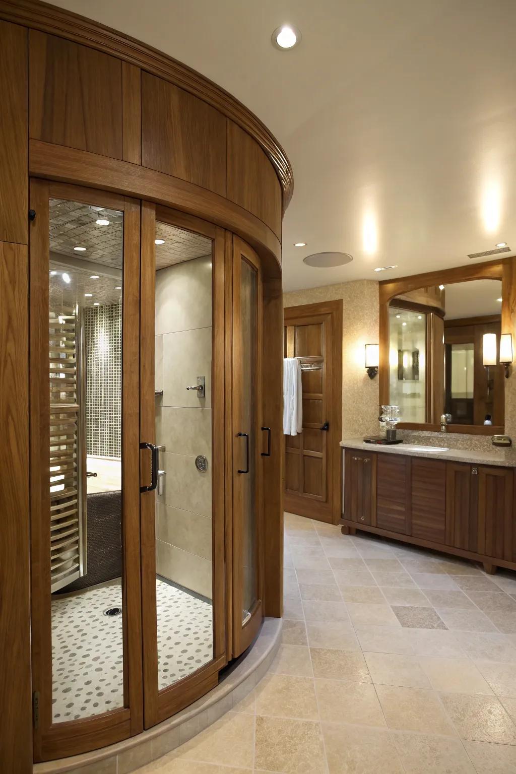 Curved wooden doors add a soft and elegant touch to any bathroom.