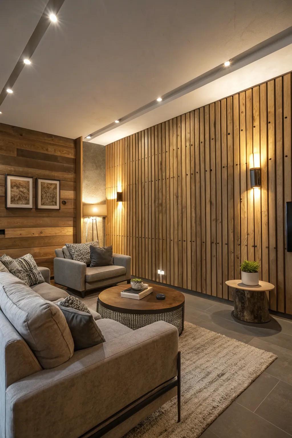 Create ambiance with integrated lighting in timber slat walls.
