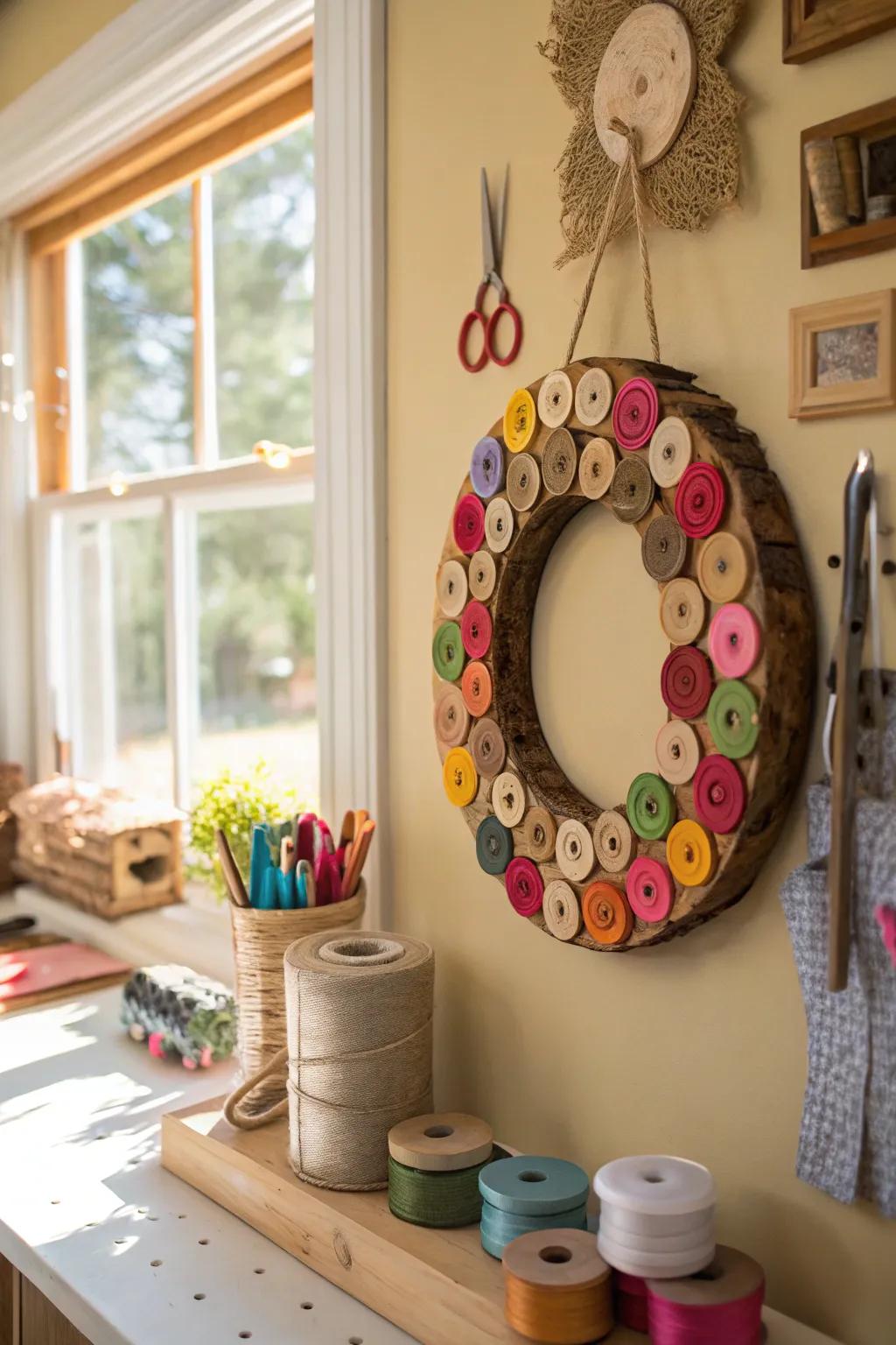 Wood circle wreath with bead accents for a playful touch.