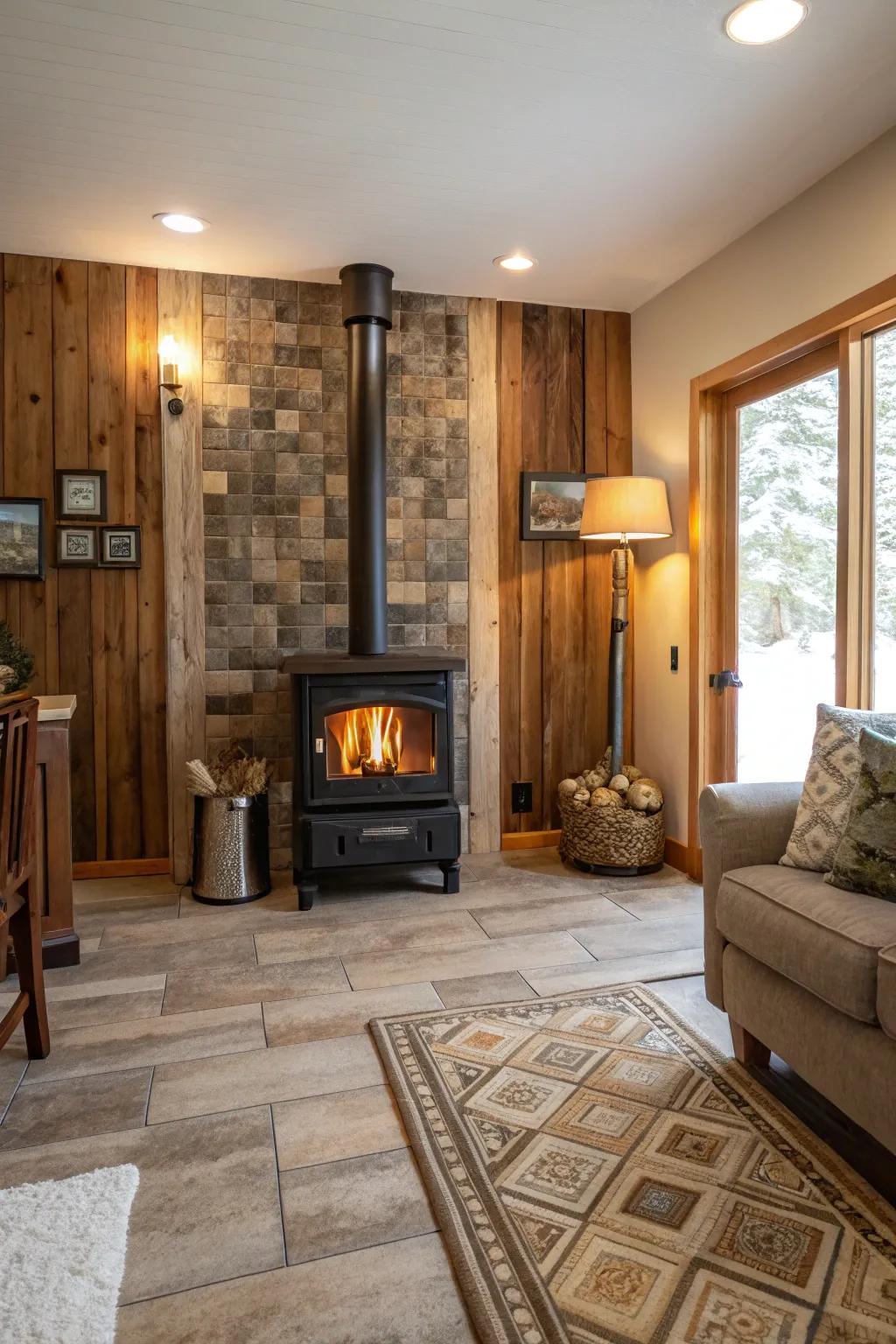 Wood-effect tiles offer a cozy and inviting look for your wood stove surround.