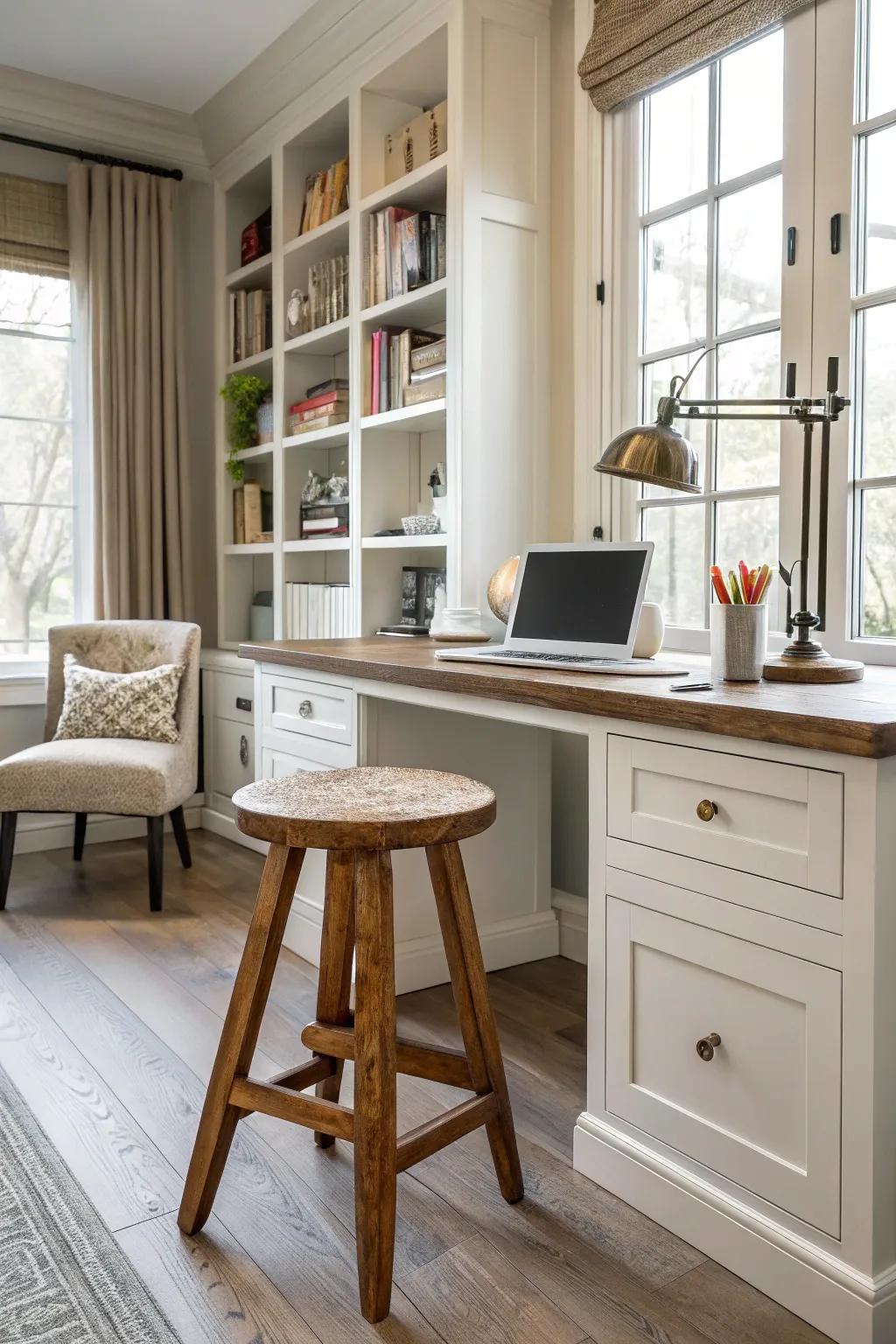 A hardwood stool enhances the functionality of your home office.