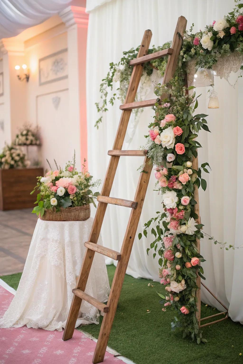 A timber riser with blossoms forms a creatively stimulating and visually compelling wedding backdrop.