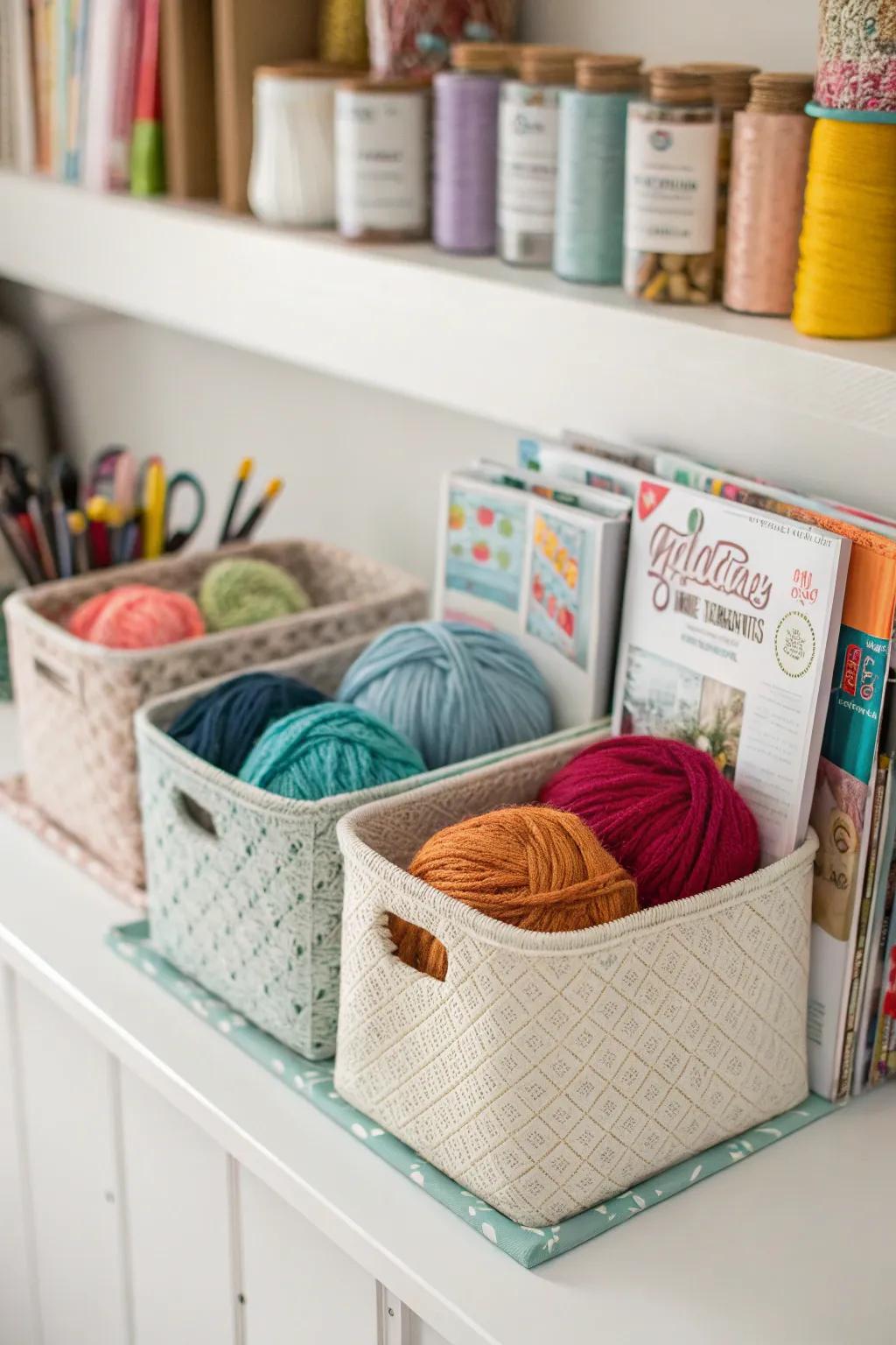 Magazine holders keep yarn arranged and upright on shelves.