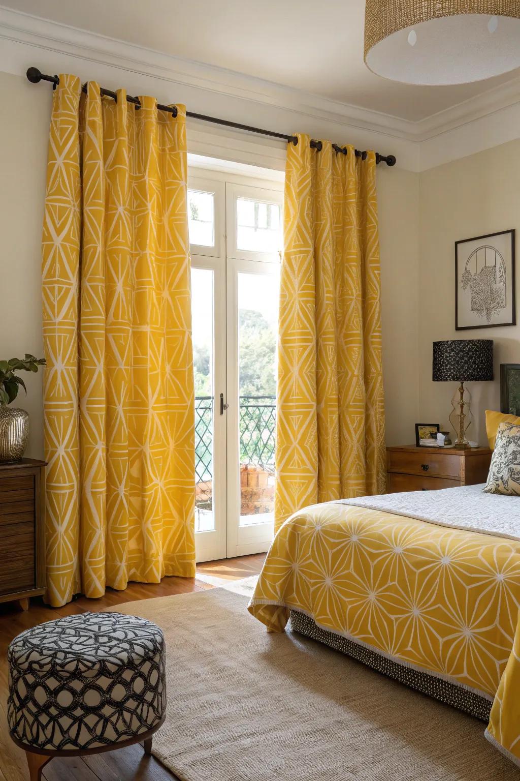 Art Deco-inspired yellow window coverings bring chic sophistication to the bedroom.