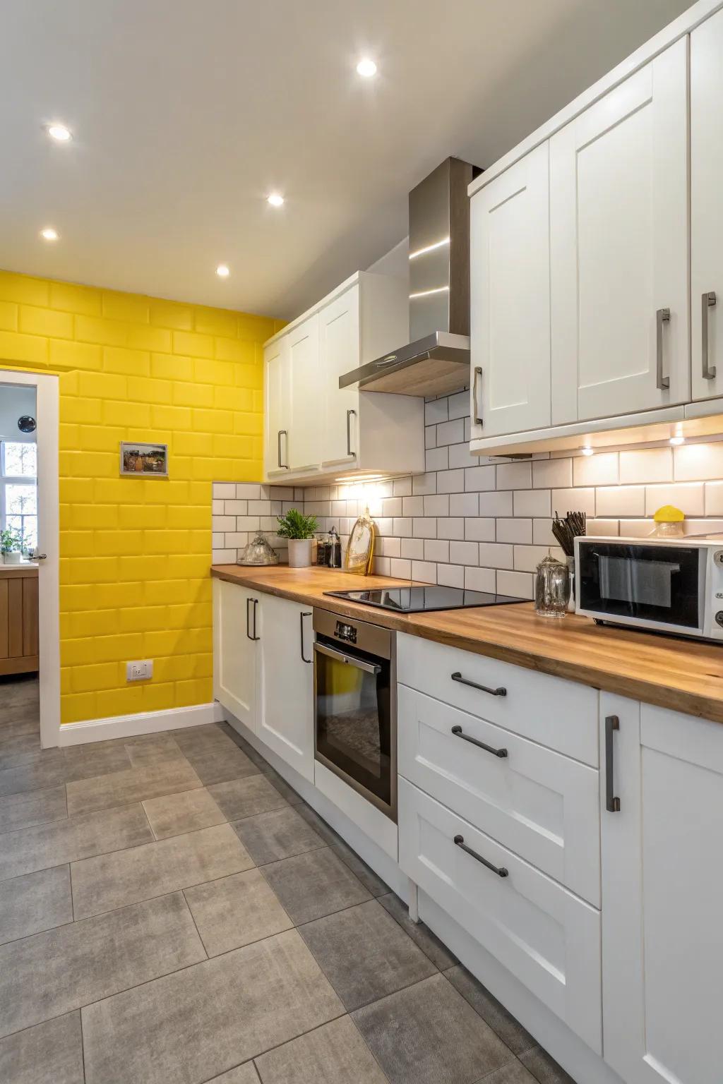 A yellow accent wall functions as a vibrant focal point in the kitchen.