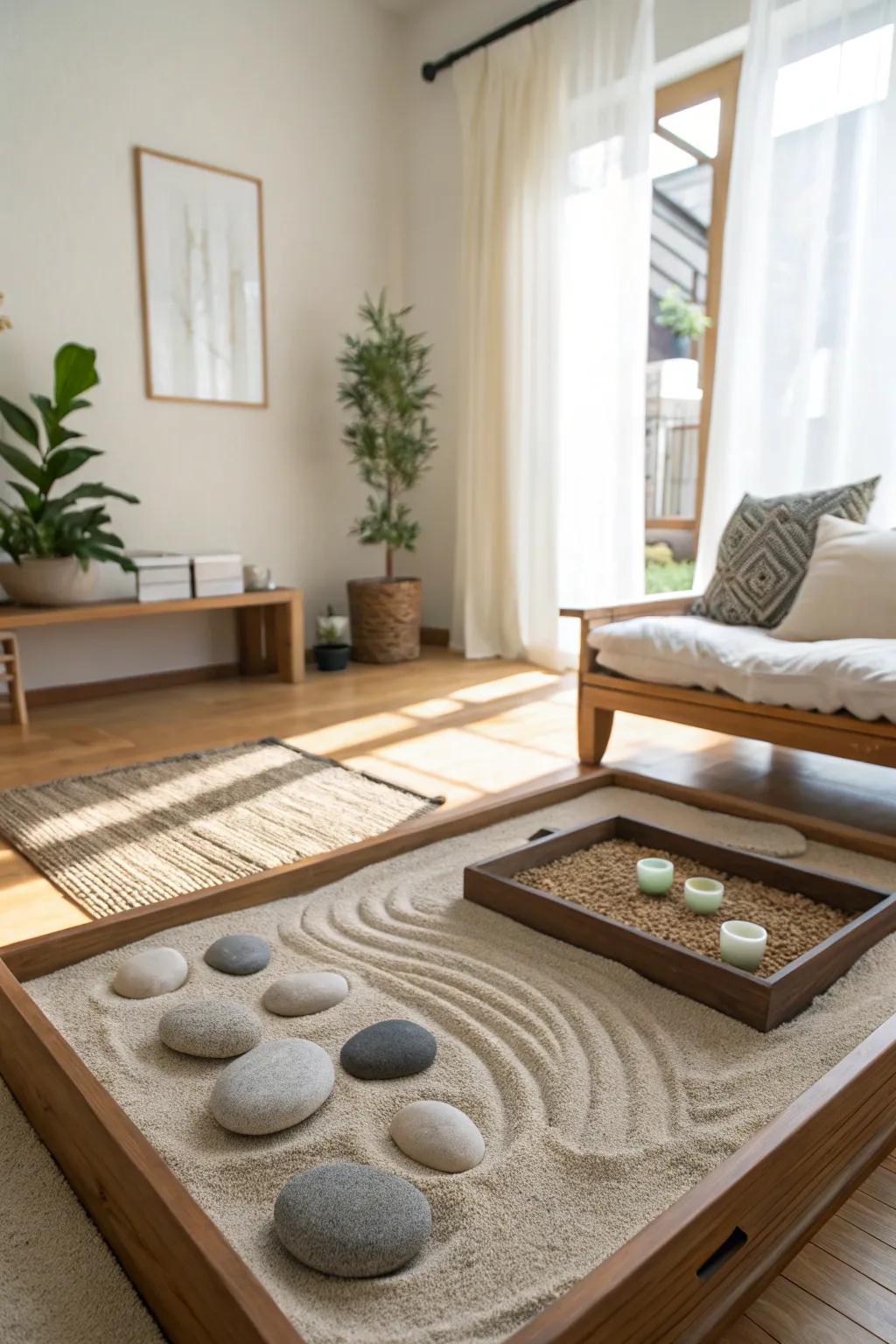 An inside Zen garden brings a meditative quality to the room.