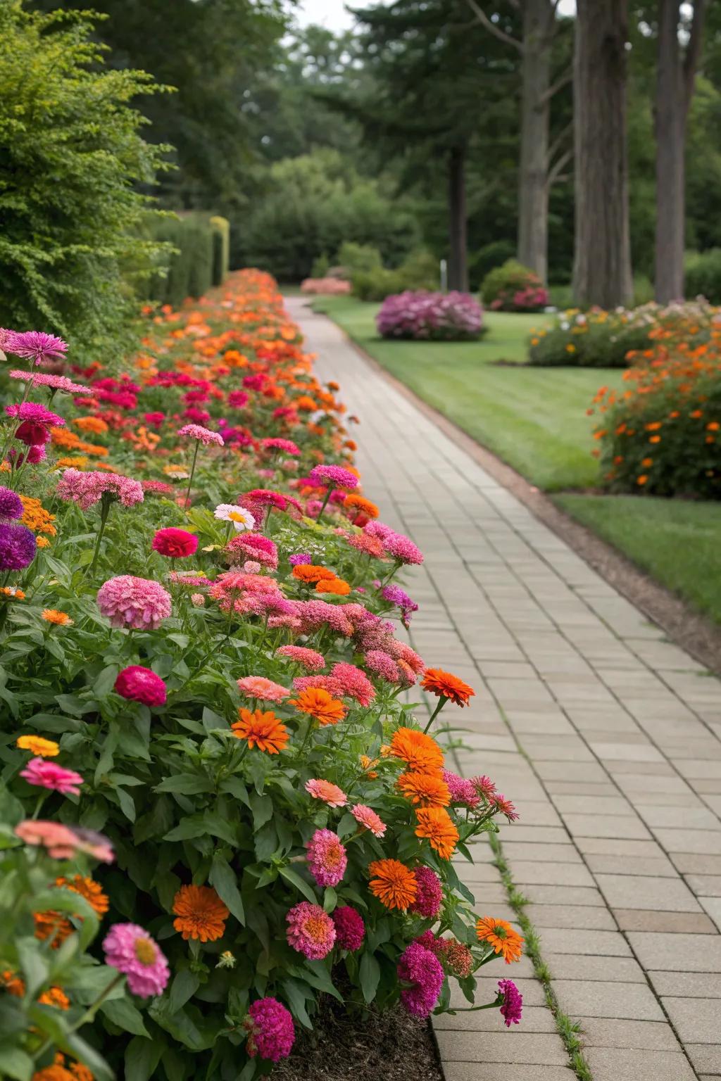 An enchanting garden route lined by vibrant zinnias.