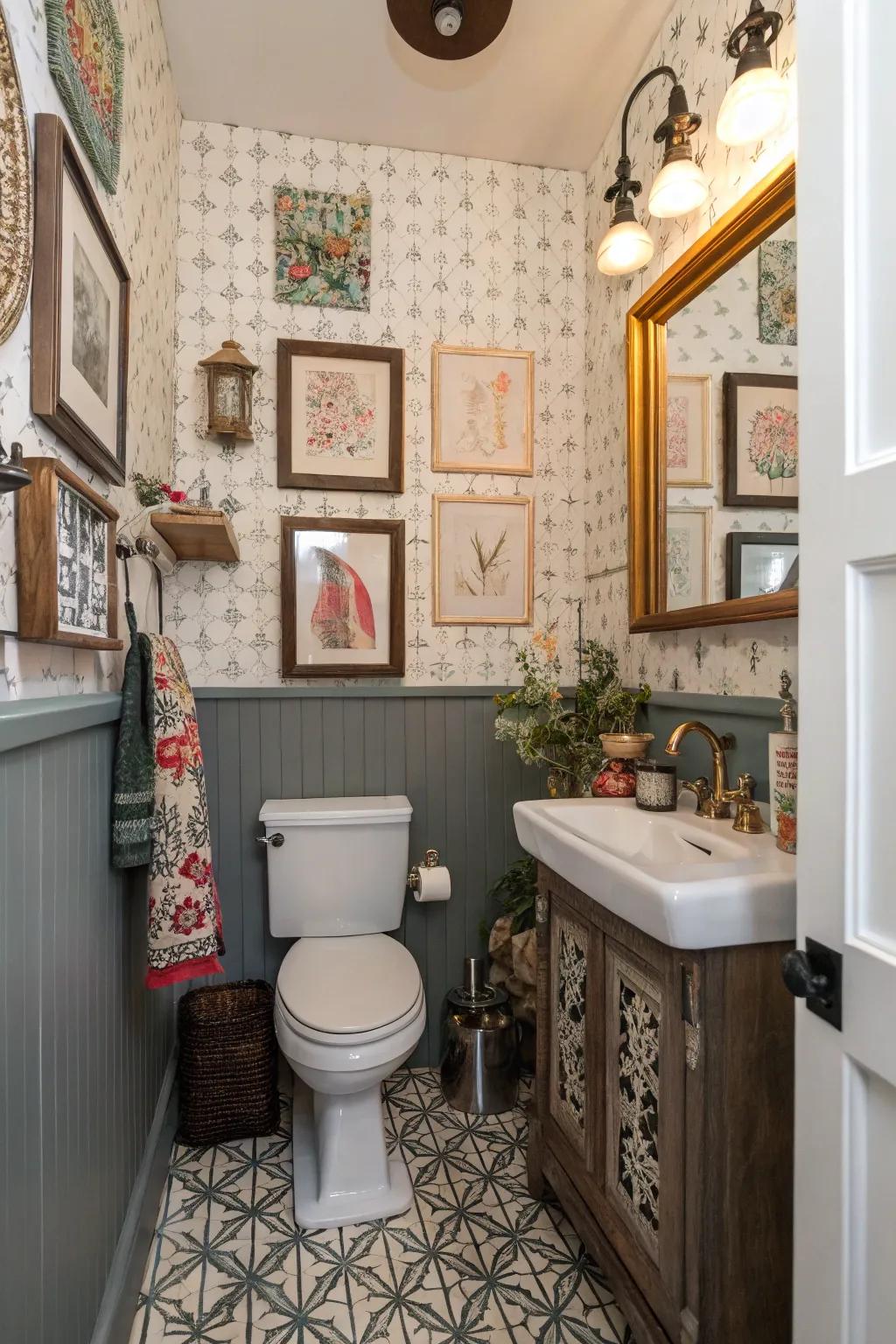 Varied decor injects character into this powder room.