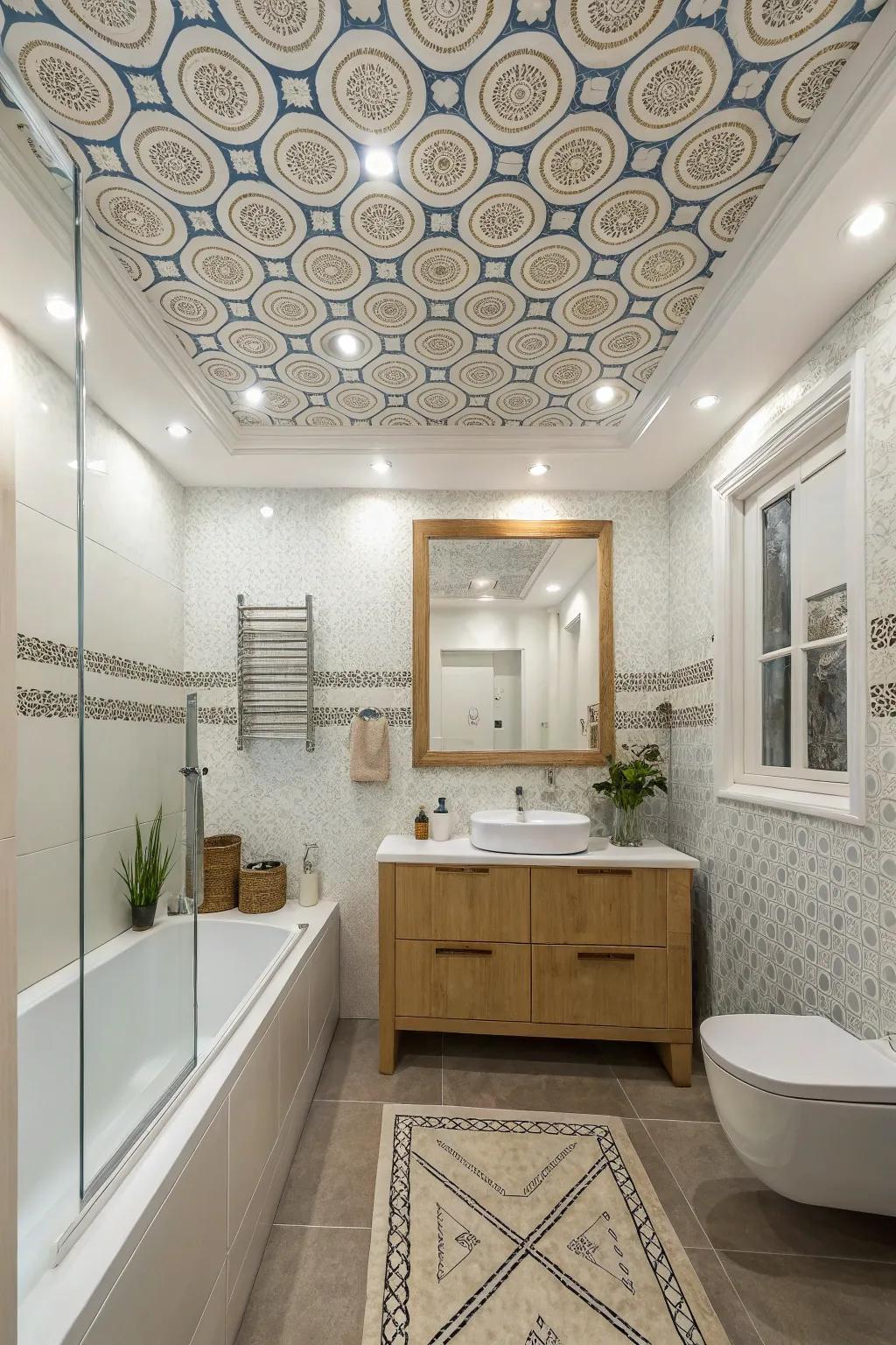 Inventive overhead designs adding height and interest to the bathroom.