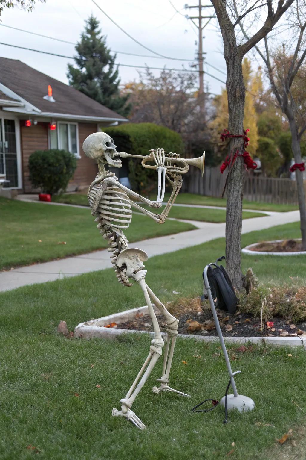 A melodic skeleton adds rhythm to the Halloween scene.