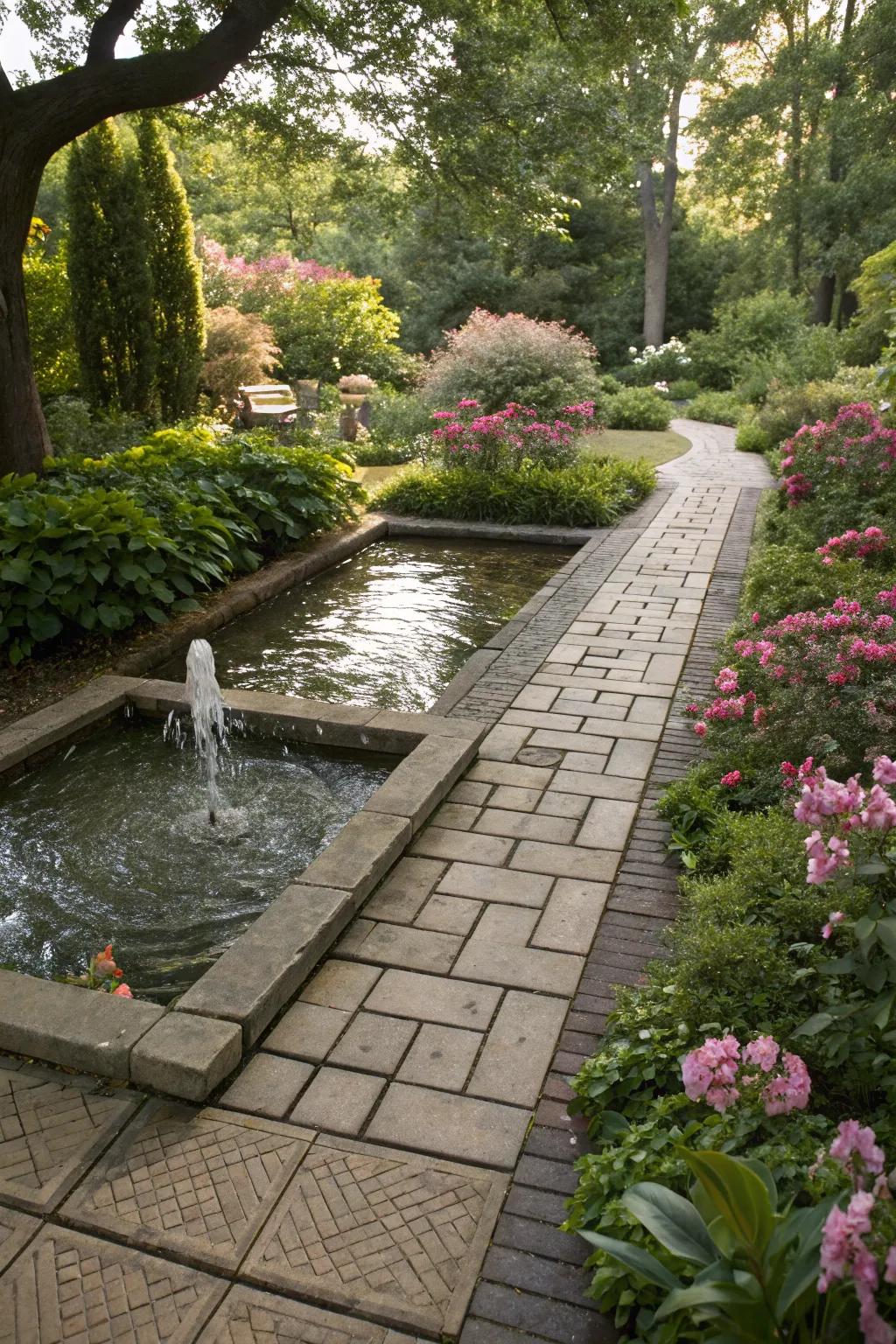 Create a serene walkway integrated with calming water features.