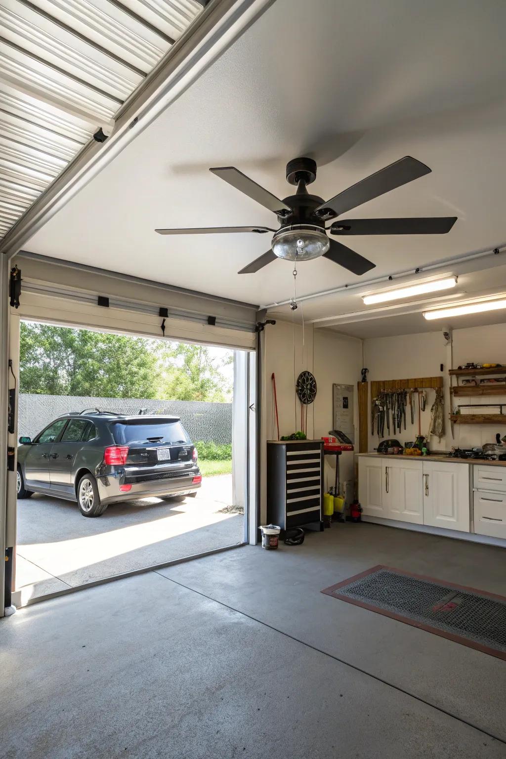 A ceiling fan improves comfort in your garage.